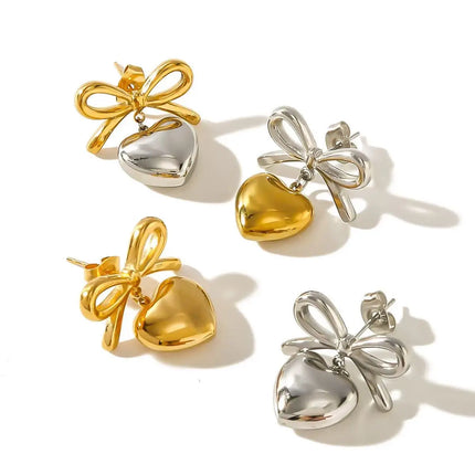 Fashionable elegant waterproof stainless steel bow heart-shaped pendant women's earrings jewelry party wedding 2025 new item