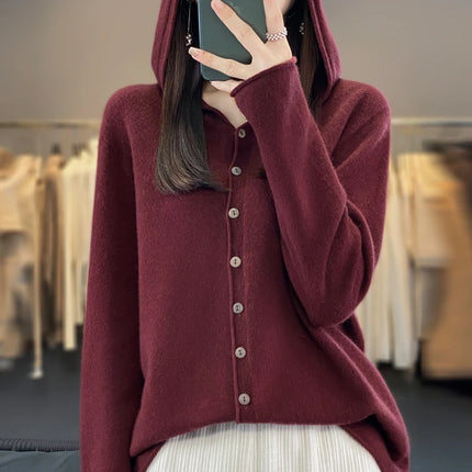 Women's Seamless Wool Hooded Cardigan Women's Autumn And Winter Loose Relaxed Long Sleeve Cashmere Knitted Large Top