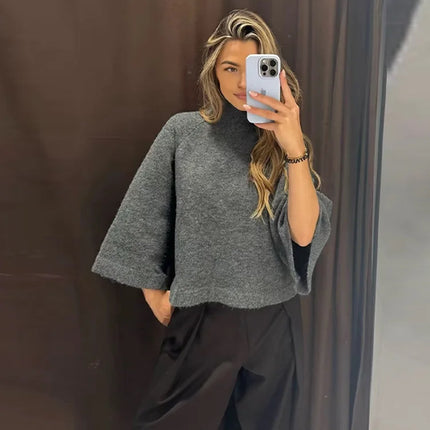 Women's Turtleneck Knit Sweater Flared Sleeve Loose Fit Soft  Pullover Casual Chic Cropped Sweaters Daily Fashion Knitwear Top