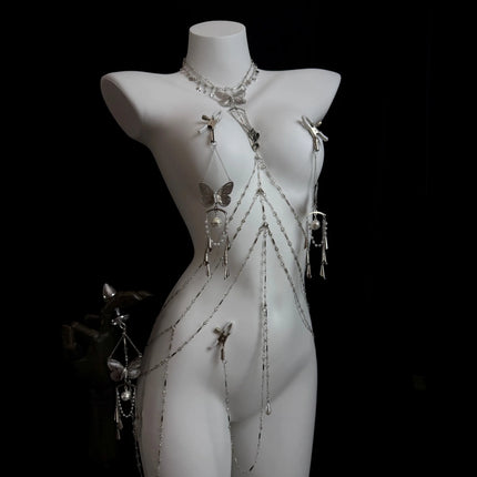 Sexy Body Chain Butterfly Nipple Clamp Breast Massager BDSM Necklace Nipple Ring Anal Plug Clitoris Clip Anal Stimulator Adults
