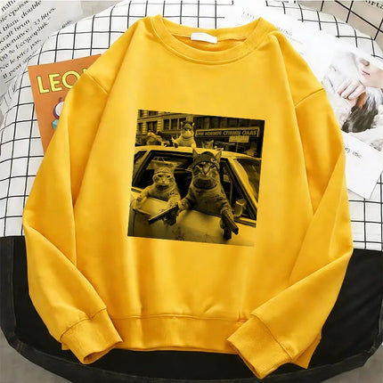 Streetwear Cat Crew Neck Hoodies Warm Fleece Sweatshirt Vintage Crew Neck Pullover Casual Female Clothes