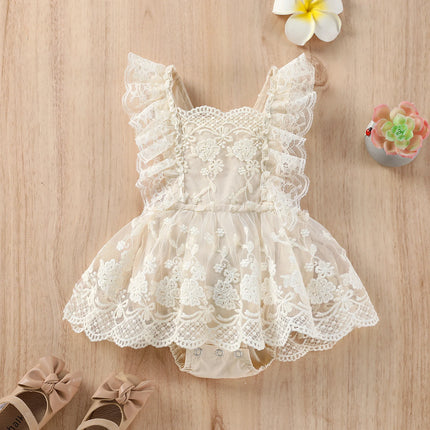 Baby Girls Summer Romper, Plain Floral Lace Embroidery Skirt Layered Adjustable Straps Bodysuits, Snap Triangle-Bottom Jumpsuit