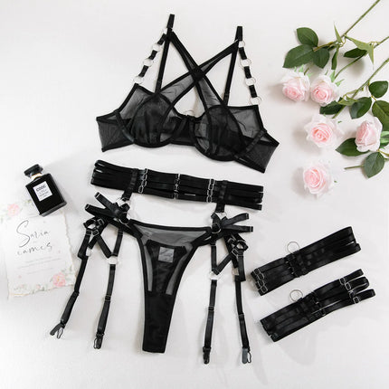 Three Piece Hot Selling Spliced Underwear Bra With Steel Ring Sexy Contrast Color Intimates Set Women's Mesh Exotic Apparel Suit