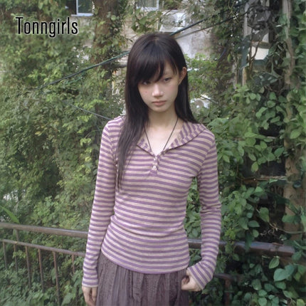 Tonngirls Y2k Striped Hoodie Japanses 2000s Long Sleeve Sweatshirt Women Streetwear American Retro 90s Vintage Pullover Hoodie
