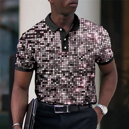 Summer Men's Polo Lapel Golf Shirt with Printed Geometric Pattern Fold