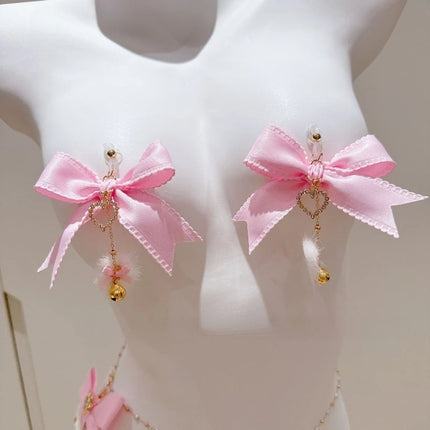New Pink Bow Nipple Clips Heart-Shaped Gemstone Collar Leash Set with Body Chain Sexy Accessories Anal Plug with Tail Sex Toys