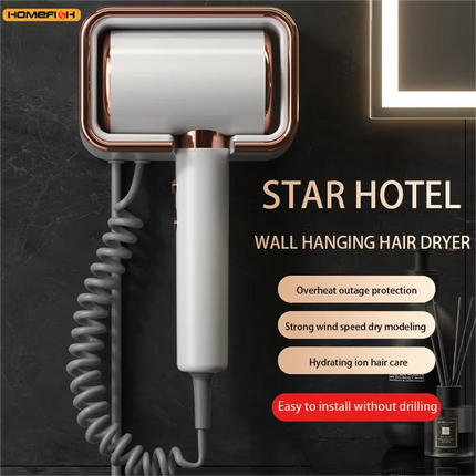 HOMEFISH Hotel-exclusive hairdryer, wall-mounted high-power electric blow dryer, no-drill bathroom flashlight
