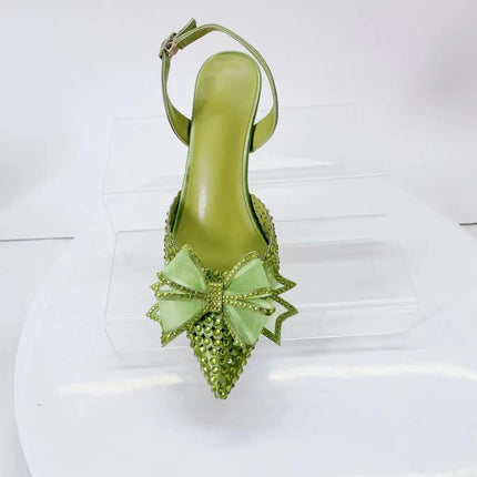 INSIGHTLINK Women Olive Green Crystals stiletto sandals Gems Shoes and Bag Set Rhinestones high-heeled Shoes For Wedding Sandals