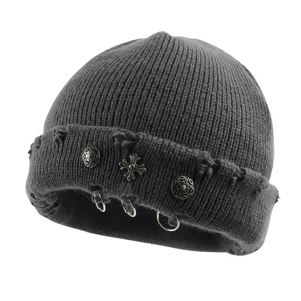Street hip-hop retro cross ring perforated woolen hat for women, yuppie knitted melon skin hat, cold hat for men