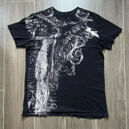 Y2K White Shirt Affliction Retro T Shirt Harajuku Men Skull Holy Writ Letter Printing Tee Fashion Gothic Short Sleeves Tops