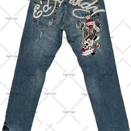 Mens Jeans Streetwear Y2K Vintage Straight Leg Denim Pants Skull Rose Flame Print Design Loose Fit Retro Punk Hip Hop Fashion