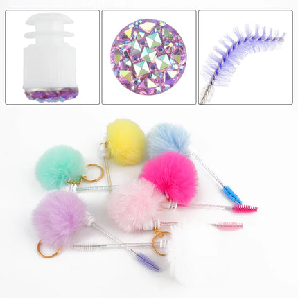 5pcs Gold Keychain Tube Eyelash Brush Eyebrow Comb Microbrush Lash Extension Micro Brushes Makeup Tool Fluffy Fur Ball Decorate