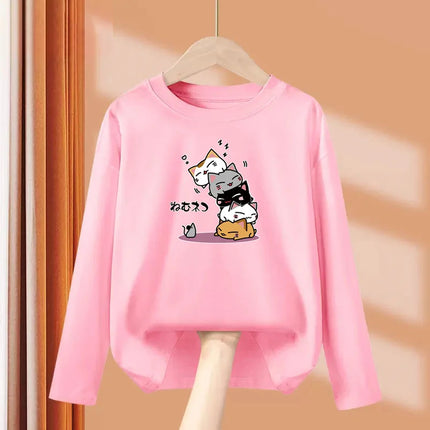 Childrens Spring Autumn T-shirt Human Pyramid Cat Cartoon Shirt Boys Girls Long Sleeved Top Cotton Clothing