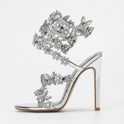 Bling Luxury Crystal Butterfly Flowers Decor Women Gladiator Sandals Fashion Summer High Heels Wedding Banquet Shoes Sandalias