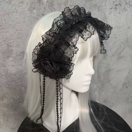 Gothic Lolita Lace Headbands for Women Double Black White Satin Rose Flower Bow with Tassel Elegant Cosplay Hair Accessories