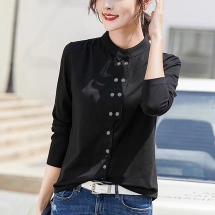 Stand up collar double breasted white long sleeved casual top for spring and autumn new style semi high collar basic top to wear