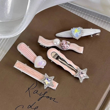 5pcs/set Pink Shiny Rhinestone Hair Clips for Girl Cute Heart Sided Clips Bangs Clips Sweet Headwear Hair Accessory