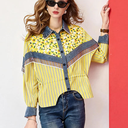 Women Cropped Striped Floral Print Patchwork Shirt Loose Fit Drawstring Waist Button Up Blouse Casual Shirt Top