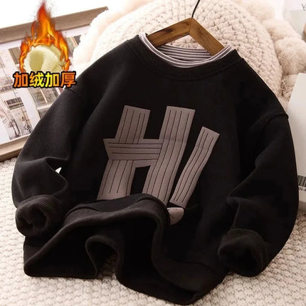 Children's hoodi boys in autumn winter thick letter round neck one-piece velvet casual top 4-14 years old