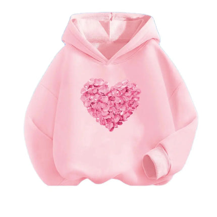 Pink Heart Flower Print Hoodies Girls Long Sleeve Pullover Loose Sweatshirt Spring Autumn Cotton Basic Top Fashion Clothes