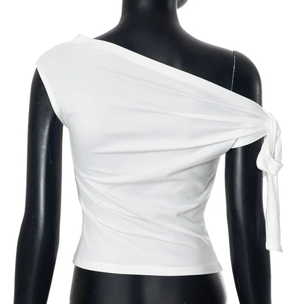2024 Women's Summer Ins Style New Shrink Pleated One-Shoulder Crop Top Backless Twist Tie Asymmetric T-Shirt Casual Top