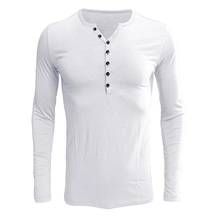 Men's Henley Collar Long Sleeve T-Shirt Solid Color Slim Fit Button Trim Casual Bottoming Shirt Trendy Tops Sizes S-2XL