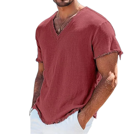 2026 Men's Summer Shirt Men's Retro V-Neck Cotton Linen Shirt Hawaii Casual Short Sleeve Beach Tops Outdoor Vacation Shirt