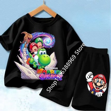 High Quality Kids 2Pcs Set Marios Cartoon Short Sleeve T-Shirt + Elastic Waist Shorts Comfortable Summer Children Clothing Suits