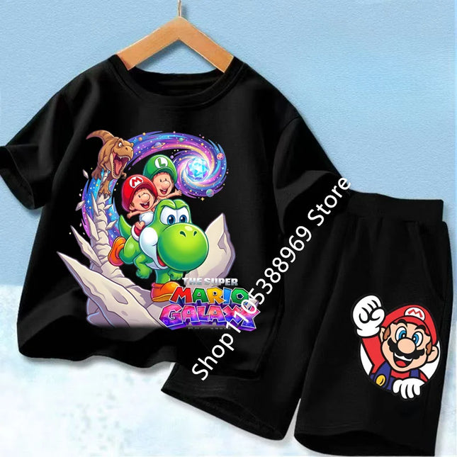 High Quality Kids 2Pcs Set Marios Cartoon Short Sleeve T-Shirt + Elastic Waist Shorts Comfortable Summer Children Clothing Suits