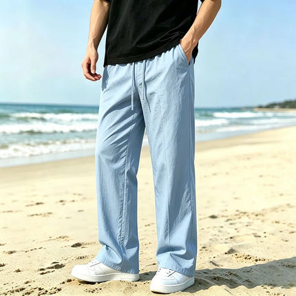 Men 2026 New Linen Straight Leg Pants Elastic Drawstring Waist Breathable Summer Beach Holiday Travel Casual Trousers