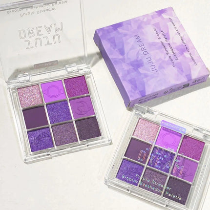 JUJU Purple Fringe 9 color eyeshadow tray - mixed berry and purple tones, matte shimmer - smoky, natural and charming