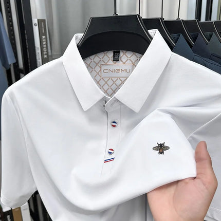 High-End Men's Short-Sleeved Polo Shirt Lapel Button Bee Embroidery Spring Casual Elegant T-Shirt Simple Business Men's Clothing