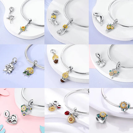 New 925 Sterling Silver Charms Beads Sunflower Flower Daisy Original Charm Pendant Fit Charm Bracelets DIY Jewelry Birthday Gift