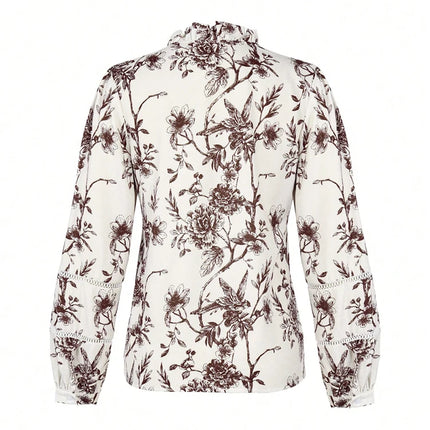 Spring/Summer 2026 Collection Elegant Printed V-Neck Puff-Sleeve Shirt Featuring Button Details Casual and Versatile