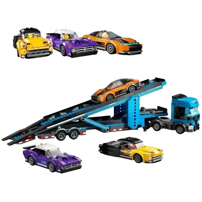 998PCS City Series Car Transporter Building Blocks, Double-Decker Truck Trailer with Sports Cars, MOC Vehicle Toy for Boys Kids,