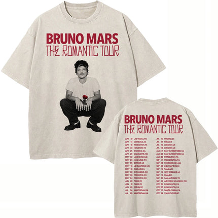 100% Cotton Vintage Washed Bruno Mars The Romantic Tour 2026 T Shirt Fashion Men Aesthetic Oversized Loose Acid Wash Tees Shirts