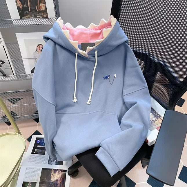 Korean Hip Hop Hoody Chic Shark Hooded Sweatshirt Men Women in Spring Autumn Cute Sweet Girly Solid Color Fashion Jacket Preppy