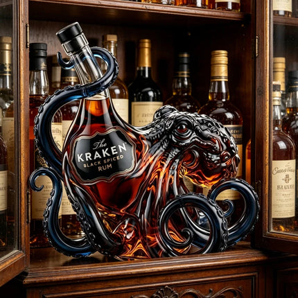 Unique Kraken Octopus Glass Liquor Bottle, Clear Rum Decanter, Decorative Barware & Home Display Piece for Spirits