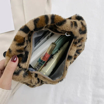 Y2k Korean Plush Retro Leopard Print Bags for Women Underarm Bags Leopard Zebra Pattern Fluffy Tote Bags Small Purses Handbags