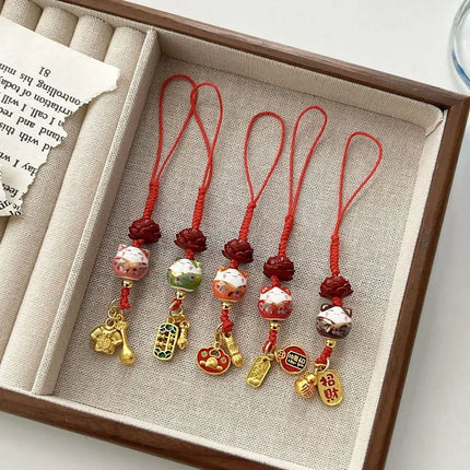 Sweet Cartoon Maneki Neko Key Chain Ceramic Ornament Lucky Cat Phone Charm Fortune Phone Lanyard Lucky Cat Phone Strap Girls