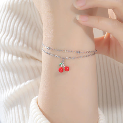 Teamer Enamel Cherry Charm Bracelet For Woman Gold Color Stainless Steel Double Bead Chain Fashion Birthday Friend Jewelry Gift