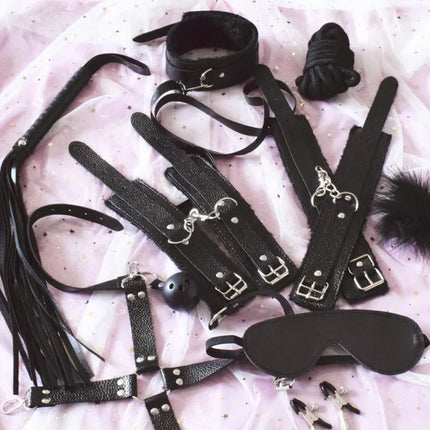 10pcs 7 Pcs Bondage Set Bdsm Sex Exotic Accessories Sex-product Adjustable PU Leather SM Handcuffs Whip Rope Sex Toys for Woman
