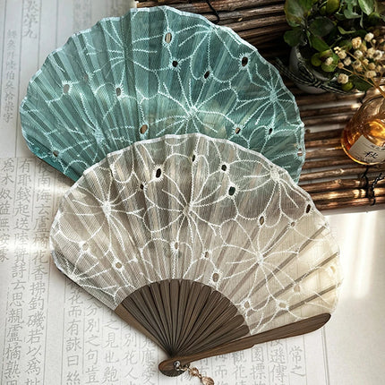 Lace Embroidery Flower Folding Fan Mini Shell Shape Chinese Hanfu Hand Fan With Pendant Home Decor Wedding Crafts Fans Gift