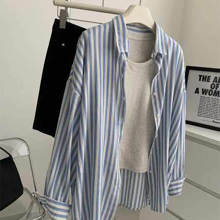Blue Linen Striped Shirt for Women in Summer, Thin Sagging, Lazy and Slimming, Sun Blouse