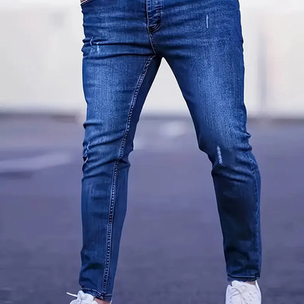 Men's Slim Fit Stretch Denim Jeans with Ripped Detail & Contrast Stitching, Fashion Streetwear Casual Trousers for Daily Wear