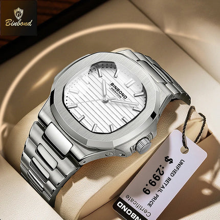BINBOND Luxury Military Man Watch Square Waterproof Luminous Date Week Men Watch Stainless Steel Quartz Men's Watches Reloj