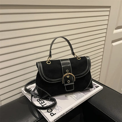 Elegant Shoulder Bag Metal Buckle Suede Leather Mix Maillard Tones Flap Magnetic Snap Multifunction Crossbody Bag for Commute