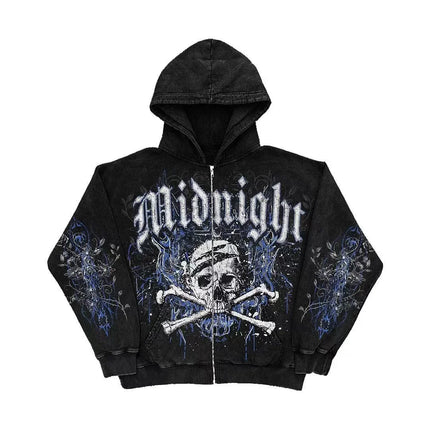 90s Tapout Gothic Zip Up Hoodies Skull Cross Wings Graphic Print Dark Streetwear Black Hooded Sweatshirts Unisex Autumn Tops