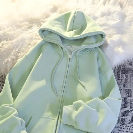 Women's Oversize Hoodie Jacket Thickened Cotton Polyester Zipper Cardigan Fleece Outerwear Lazy Style Solid Color Coat