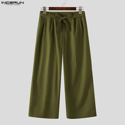 INCERUN Men's Pants Solid Color Lace Up Joggers Loose Casual Men Bottoms Streetwear 2026 Fashion Leisure Wide Leg Pants For Man